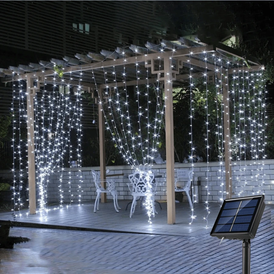 3MX1M/2M/3M 太陽能 LED 窗簾燈聖誕裝飾花圈仙女串燈戶外防水燈適用於庭院花園婚禮裝飾白色 - 白色 - 查看 1