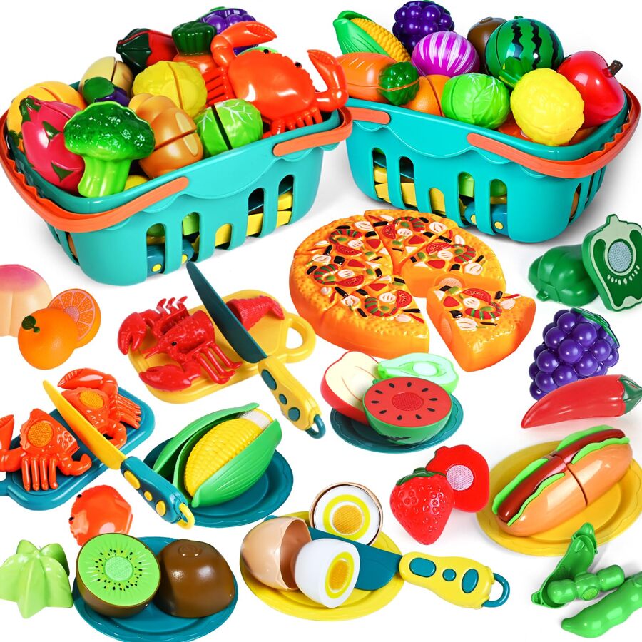 100 PCS Cutting Play Food Toy for Kids Kitchen, Pretend Food Toys for Toddlers, Play Kitchen Toys Accessories with 2 Baskets, Fake Food/Fruit/Vegetable, Birthday Gifts for 2 3 4 5 Years Old Boys Girls - 彩色 - 查看 1