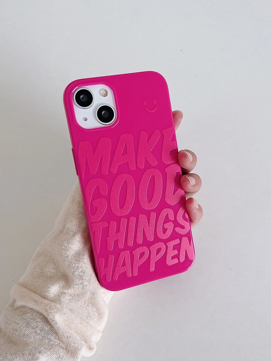 Ốp lưng điện thoại màu hồng bóng bẩy, in nổi dòng chữ "MAKE GOOD THINGS HAPPEN" (Hãy tạo nên những điều tốt đẹp), khẩu hiệu tích cực dễ thương, bảo vệ điện thoại, tương thích với iPhone & Galaxy, dành cho các mẫu 17/17 Promax/15/16/16 Promax. - Nhiều màu - Xem 1