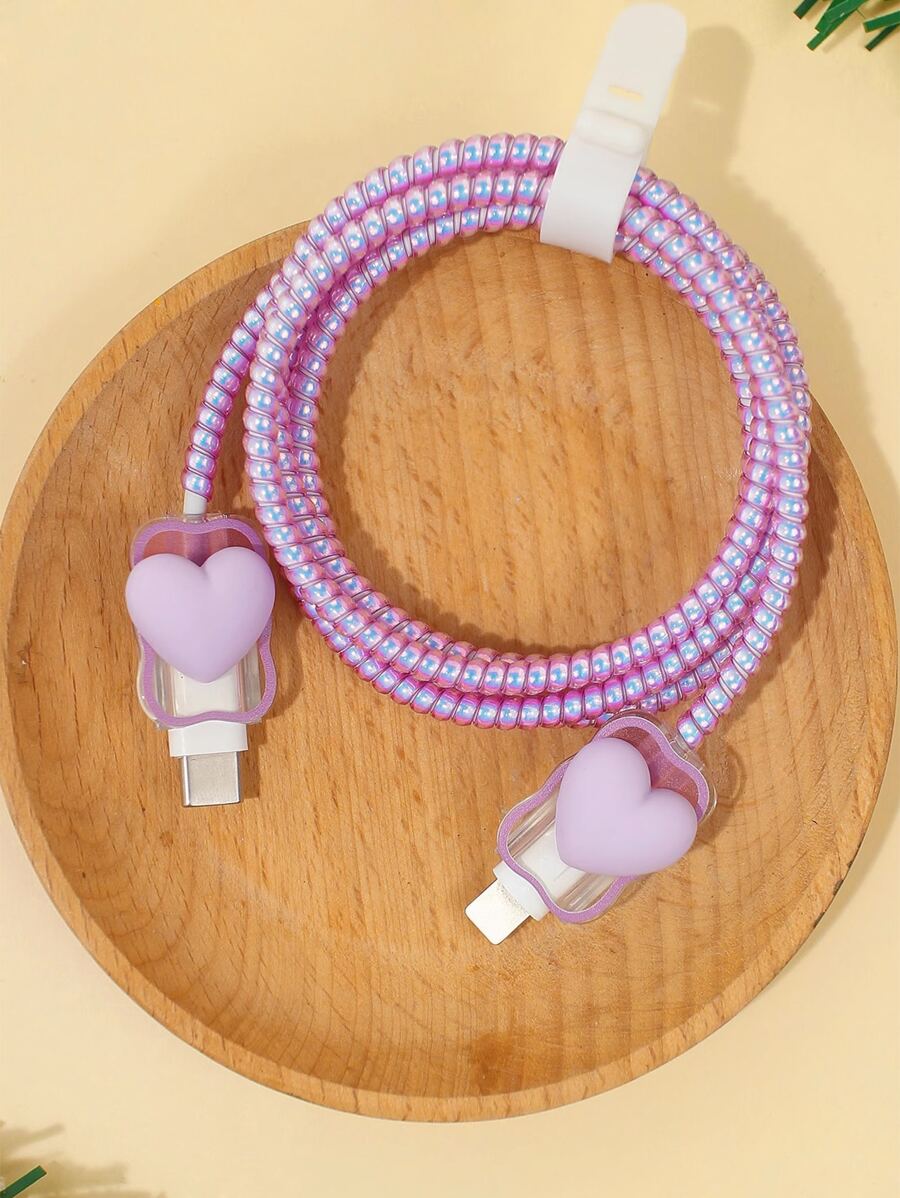 Heart-Shaped 1.5m Cable Winder, Wire Fixer, Anti-Breakage Data Line, Silicone Charging Cable Protector 4pcs Set Compatible With IPhone 20w Fast Charging Data Cable - Purple - View 1