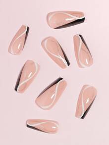 VV MEI JIA ER 24入組中長度波浪法式閃亮線貼式黑色亞克力棺材型全覆蓋假指甲,適用於女性和女孩,還含有1張膠帶和1個指甲文件 - 彩色 - 查看 4