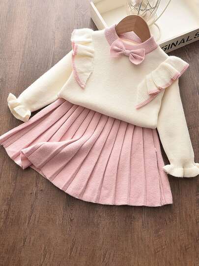 Girls Cute Ruffle Trim Bowknot Long Sleeve Top And Pleated Skirt 2-Piece Set, Autumn/Winter