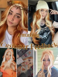 1 件装 26 英寸姜黄色混色小蕾丝波浪卷发合成耐热假发适合女士日常使用 - 拼色 - 查看 4