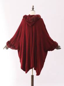 1 件女式防風連帽人造水貂毛邊斗篷披肩,多種顏色,適合派對、旅行、節日 - 酒紅色 - 查看 3