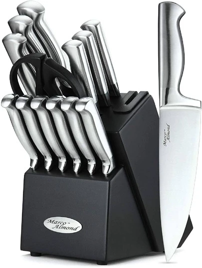 Marco Almond KYA28 14-Piece Stainless Steel Cutlery Kitchen Knife Set With Block,Built-In Sharpener