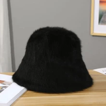 Adjustable Women's Bucket Hat, Autumn/Winter All-Match Warm Fleece Bucket Hat Elegant - Black - View 3