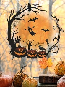 1入組萬聖節裝飾貼紙,圓形樹枝和有趣的南瓜牆貼紙,適用於家居背景窗戶diy - 彩色 - 查看 2