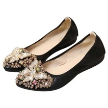 KUNWFNIX Women Ballet Flats Rhinestone Wedding Ballerina Shoes Foldable Sparkly Comfort Slip on Flat Shoes Butterfly Rhinestone Decoration - Black - View 3