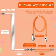 定制卷織鍵盤線,2.0m(0.66英尺) Usb-c到usb-a Tpu機械鍵盤線,可拆卸金屬航行噴嘴雙層袖子電纜適用於遊戲鍵盤(白色和橙色) - 白色拼橙色 - 查看 7