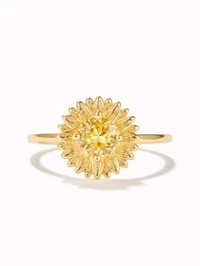 1入組黃色向日葵方晶鋯石戒指適合女士S925純銀黃色鍍金戒指魅力四射情人節精細女士們首飾類日常穿著禮物