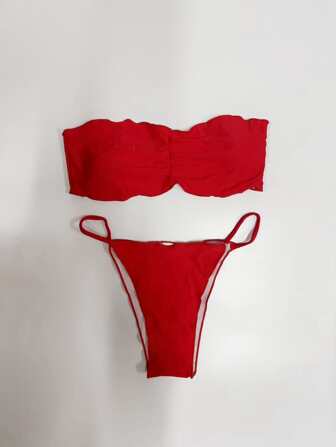 Conjunto de bikini de dos piezas con recorte de lechuga rojo, conjunto de bikini de dos piezas con top bandeau y Bottom de bikini, conjunto de bikini para playa de verano