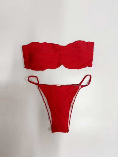 Bikini deux pièces rouge laitue garniture Bandeau deux pièces ensemble de Bikini soutien-gorge et bas de Bikini ensemble de Bikini pour la plage d'été