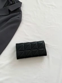 女士 PU 黑色菱形刺绣长钱包，多卡位大容量拉链隔层零钱包，办公室女士必备，旅行，生日礼物，经典长钱包手拿包 - 黑色 - 查看 5