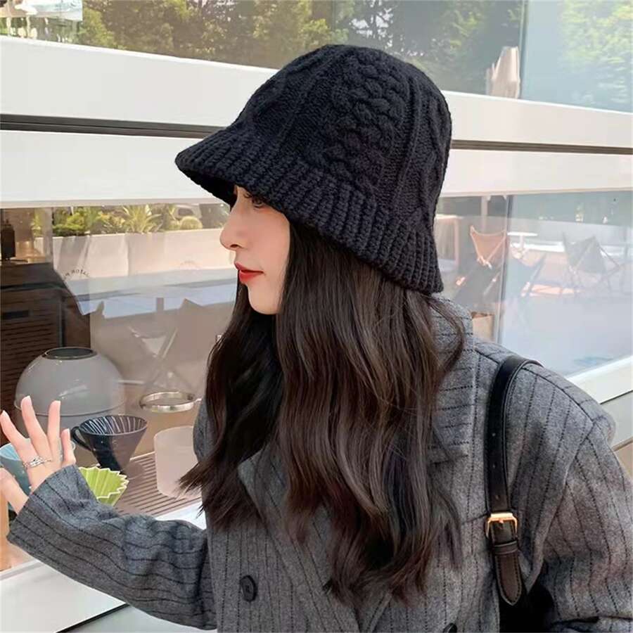 女士幾何菱形針織桶帽，帶扭結和翻邊，秋冬季節，別致的鈴形桶帽突顯您的臉龐