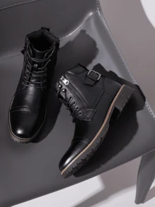SHOESMALL Men's Fashionable High Top Work Boots Motorcycle Combat Ankle Dress Boots Casual Boots For Men Valentine's Day Date Shoes - BMY678A-黑色 - 查看 1