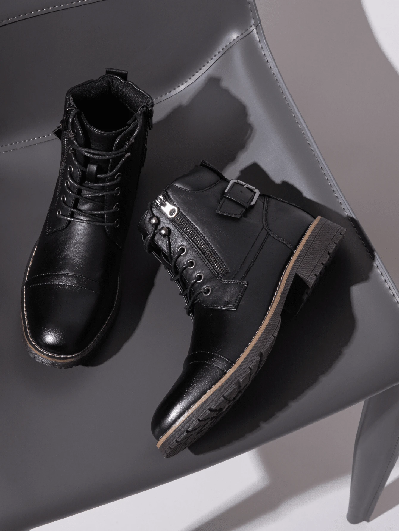 SHOESMALL Men's Fashionable High Top Work Boots Motorcycle Combat Ankle Dress Boots Casual Boots For Men Valentine's Day Date Shoes - BMY678A-黑色 - 查看 1