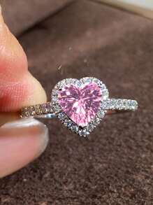 1 PC Romantic Pink Heart Cubic Zirconia Ring For Women For Valentine's Day Gift Wedding Engagement Anniversary Party Jewelry,Mom,Mother,Mother's Day,Gift