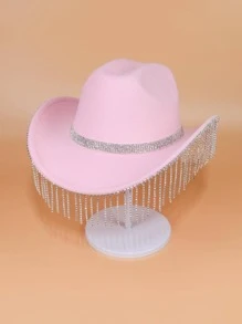 1入組水鑽點綴寬腰帶西部牛仔帽,完美適用於音樂節和派對,帶鏈子吊墜和爵士樂帽