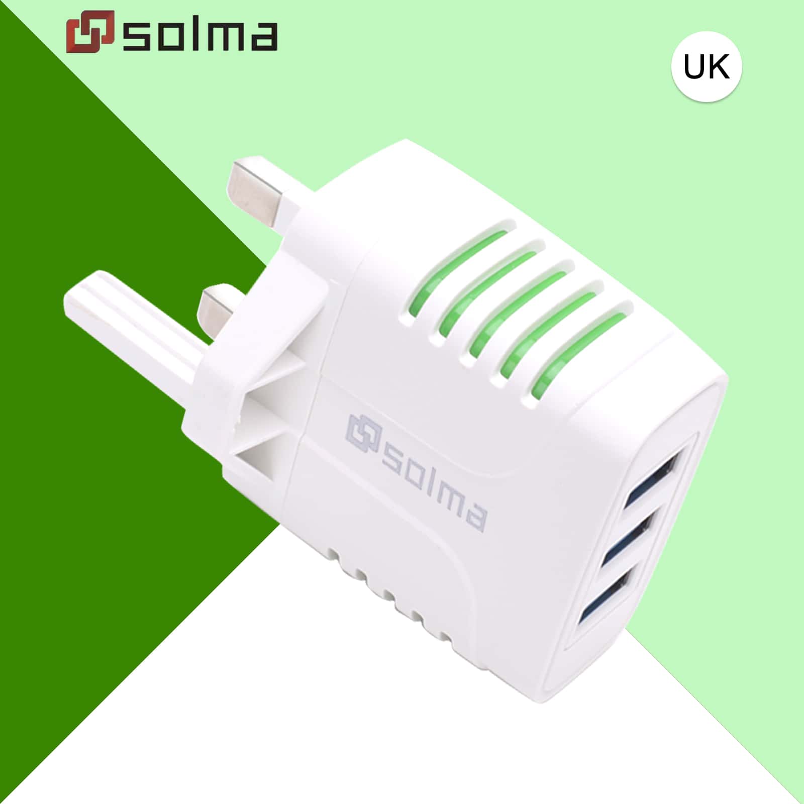 Solma 3口USB牆壁充電器適用於行動電話旅行充電器，糖果色外觀，帶LED充電指示燈，多口智能頭部發光口電池充電器，可兼容iPhone - 綠色 - 查看 1