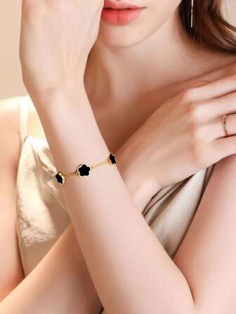 1 件时尚不锈钢花朵装饰链式手链，适合女士日常生活情人节、妈妈、母亲、母亲节、礼物