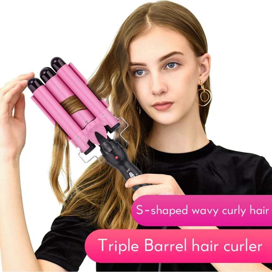 Hair Curling Iron, 3 Barrel Hair Waver With Wave Plates For Beachy Wave Hair - Champagne - View 1