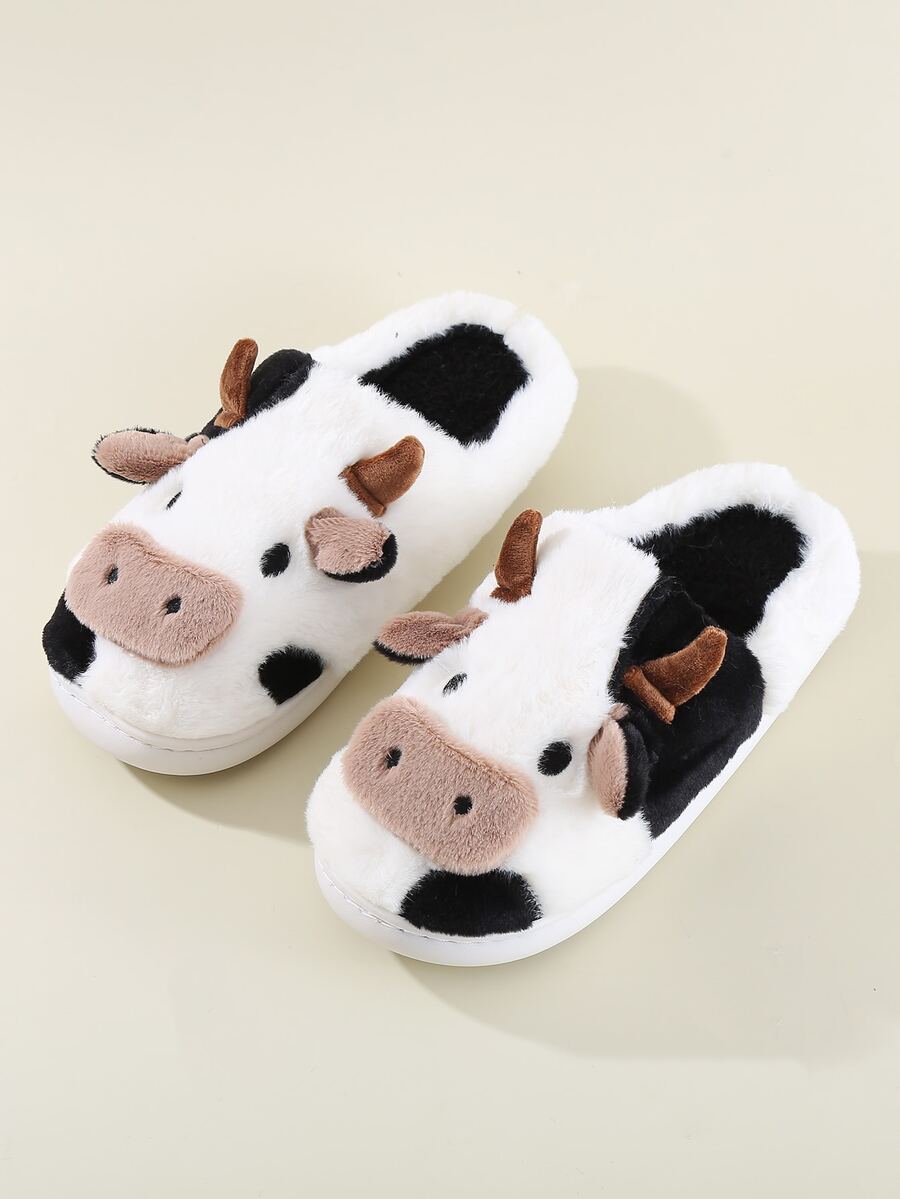 Black And White Ladies Cow-Shaped Plush Slippers, Winter Warm And Comfortable Indoor Shoes - Black and White - View 1