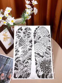 Chaqueta Cárdigan Impresa Con Tatuajes Tradicionales De Patrón De Flor Y Koi A Prueba De Agua Para Hombre Y No Reflectante - Negro - Ver 3