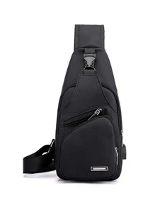 1 件黑色防水拉链胸包，多层大容量多功能斜挎包带 USB 端口，适用于户外徒步旅行单肩包斜挎包侧包通勤宿舍大学圣诞包冬季圣诞礼物假期节日礼物侧包礼物夏季返校运动生活包腰包腰包春季学校用品 - 黑色 - 查看 4