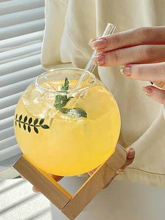 1個木質底座月亮造型玻璃杯,適合冷飲,如牛奶和果汁,適用於餐廳,具有儀式感的時尚設計