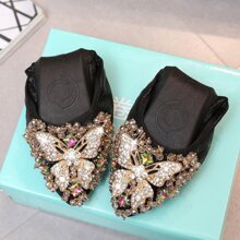 KUNWFNIX Women Ballet Flats Rhinestone Wedding Ballerina Shoes Foldable Sparkly Comfort Slip on Flat Shoes Butterfly Rhinestone Decoration - Black - View 4