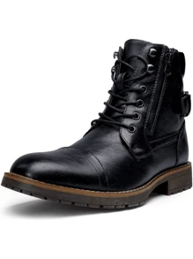 SHOESMALL Men's Fashionable High Top Work Boots Motorcycle Combat Ankle Dress Boots Casual Boots For Men Valentine's Day Date Shoes - BMY678A-黑色 - 查看 7