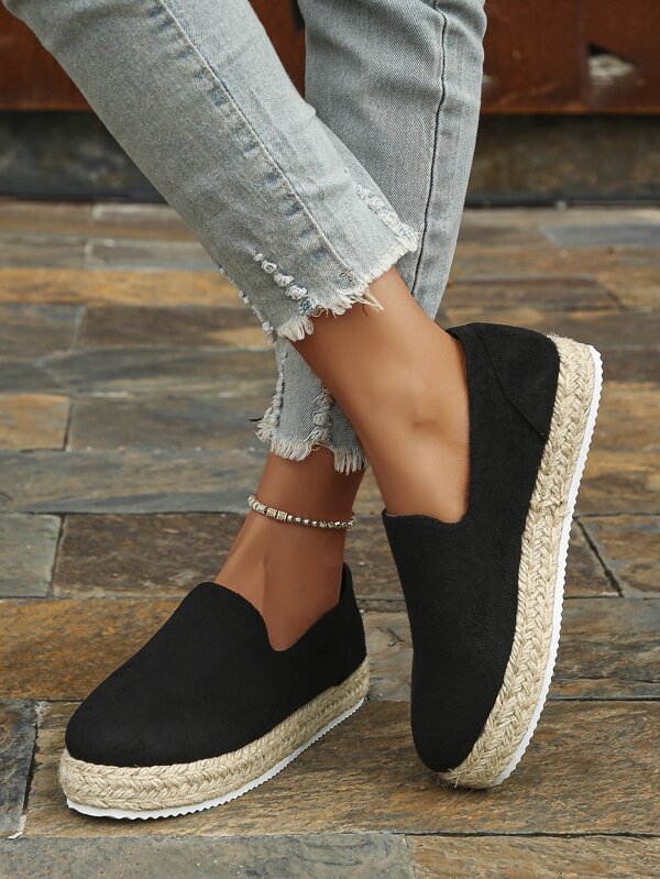 Women's Comfortable Weaved Velvet Flat Shoes, Black Slip-on Loafers With Thick Soles For Spring And Autumn