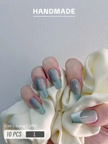 GIRL PLUS Girlplus『薄荷白點心』太空藍色兩色漸變法式果凍光澤假指甲,10入裝,適用於女性日常佩戴 - 彩色 - 查看 2