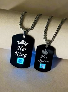 ATLVXJL 2 pièces/Ensemble Couronne de couple Zircone Brillent dans le Sombre Lettre SON ROI ET SA REINE Collier Pendentif Chaîne en Acier Inoxydable Cadeau de la Saint-Valentin