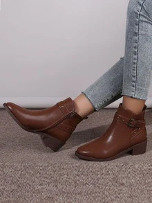 Weiche Pu-leder-stiefeletten Für Damen Mit Niedrigen Absätzen, Gefüttert, Warm Und Modisch - Braun - Übersicht 4