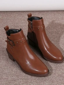 Weiche Pu-leder-stiefeletten Für Damen Mit Niedrigen Absätzen, Gefüttert, Warm Und Modisch - Braun - Übersicht 6