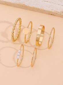 6入組時尚簡約款式女士戒指套裝,歐美風格人造珍珠和獨特設計 - 金黃色 - 查看 2