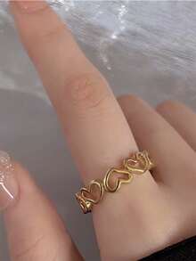 Anel De Prata Esterlina, 1 Peça, Anel Simples E Versátil Em Forma De Coração Vazado Para Mulheres, Presente Ideal Para Namorada Ou Melhor Amiga, Anel De Uso Diário - Dourado - Visão 2