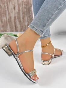女性水鑽閃閃發光涼拖帶低跟,防滑,夏天時尚優雅仙女風格適用於穿著外部購物或者玩 - 銀色 - 查看 7