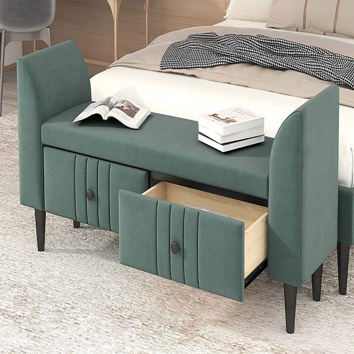 Upholstered Wooden Storage Ottoman Bench with 2 Drawers For Bedroom,Fully Assembled Except Legs