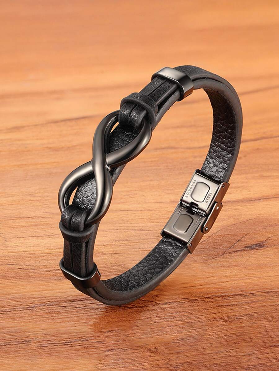 1入組時尚8字型鏈條不銹鋼&PU皮革手環帶獨特圖案設計適合男士,情人節首飾類禮品 - 黑色 - 查看 1