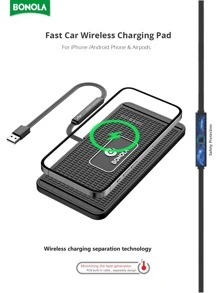 Bonola車用無線充電器矽膠防滑墊高效感應相容iPhone12/13/14/8/X/XR/三星/小米11 15W無線快充 - 黑色 - 查看 2