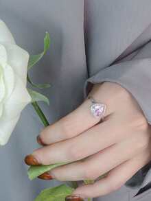 1只粉色心型鑲鑽開口戒指,適合女性日常佩戴 - 淺粉色 - 查看 1