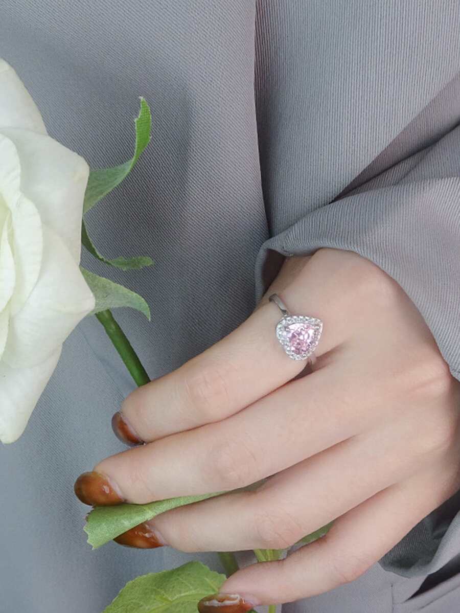 1只粉色心型鑲鑽開口戒指,適合女性日常佩戴 - 淺粉色 - 查看 1