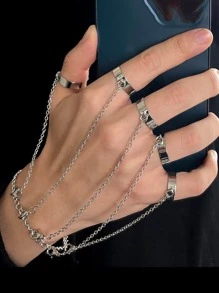 1入組ins風格龐克合金雙環和手鐲二合一,五手指連接手環適合女士,日常穿著或者派對 - 銀色 - 查看 2