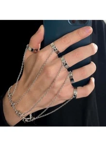 1入組ins風格龐克合金雙環和手鐲二合一,五手指連接手環適合女士,日常穿著或者派對 - 銀色 - 查看 1