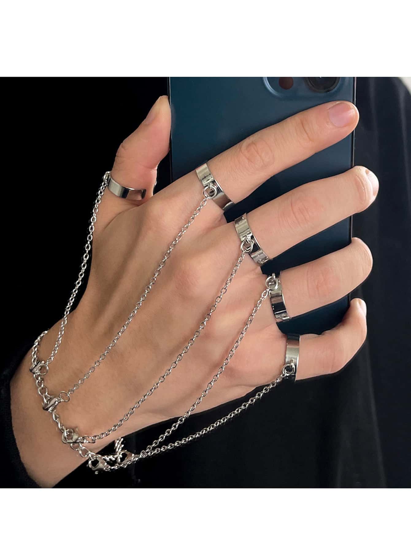 1入組ins風格龐克合金雙環和手鐲二合一,五手指連接手環適合女士,日常穿著或者派對 - 銀色 - 查看 1