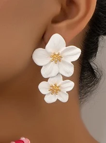 1 对花朵设计耳环，欧美时尚多色双层简约甜美耳环。情人节、妈妈、母亲、母亲节、礼物 - 白色 - 查看 2
