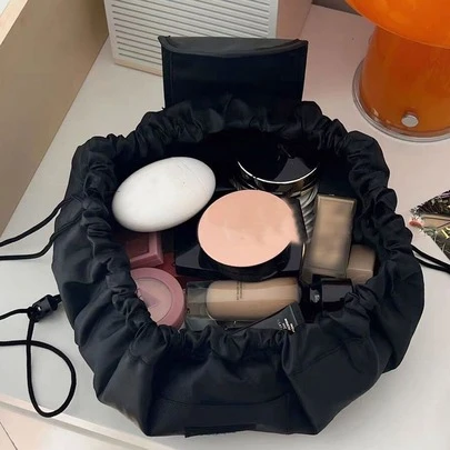 1pc Portable Travel Drawstring Cosmetic Bag, Black Makeup Organizer Pouch ,Makeup Bag