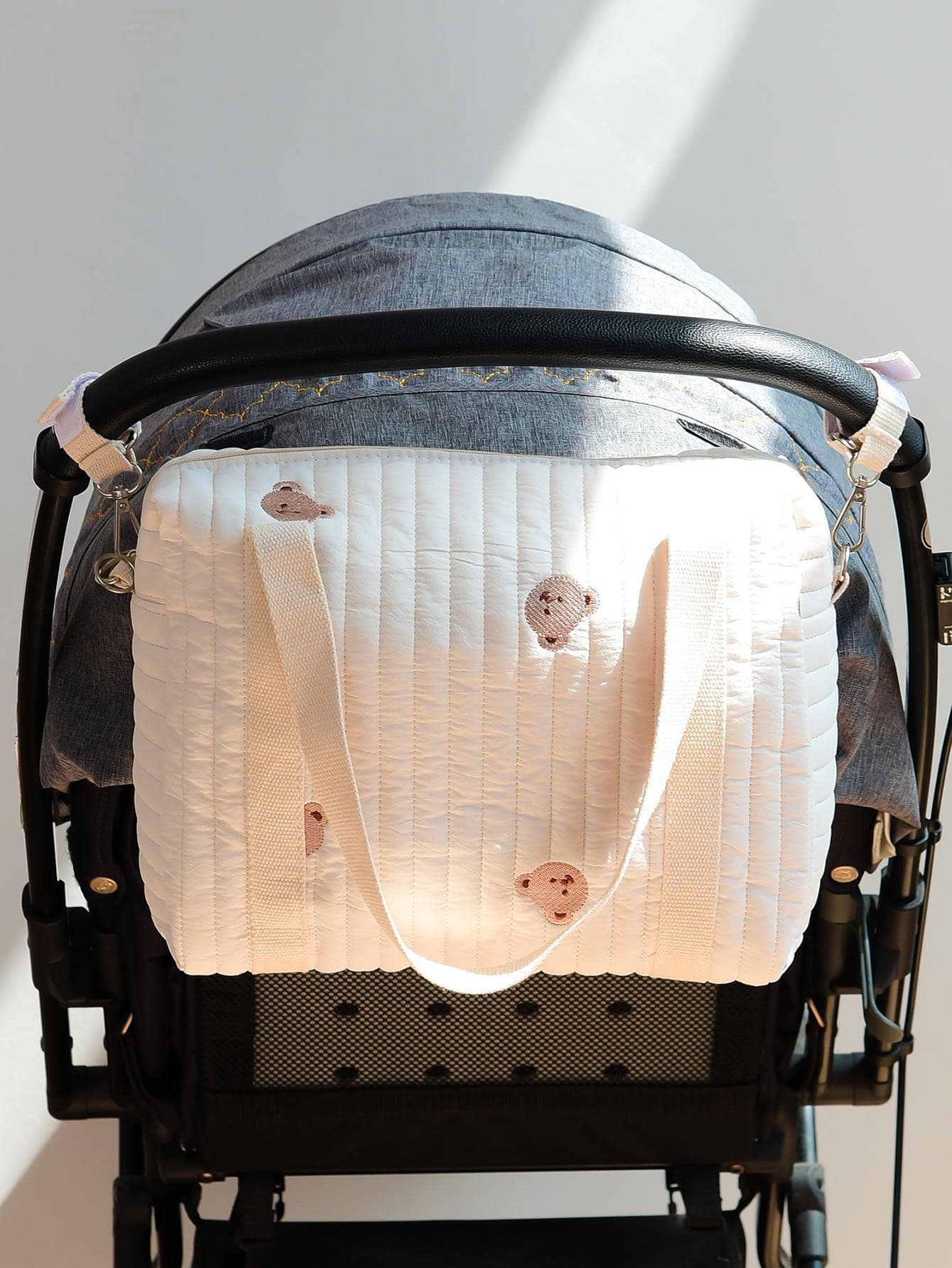 刺繡媽媽寶寶嬰兒車掛袋揹包，適用於全年四季。 - 米色 - 查看 1